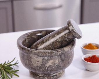 Stone Mortar & Pestle | Oceanic Gray Marble Grinder | Kitchen Essential