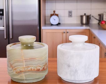 Handmade Marble Salt Cellar Set: White & Onyx Green Kitchen Decor