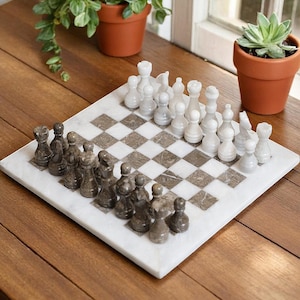 Marble Chess Set Handmade | Stone Chess Set | Board Game | White & Oceanic Gray | Gift for Housewife