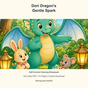 Puede incluir: Un libro de colorear digital titulado Dori Dragon's Gentle Spark que muestra un dragón verde azulado, un conejo color crema con una bufanda rosa y un ratón gris en un bosque con dos faroles. El documento es un PDF de 10 páginas tamaño carta.