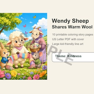 Wendy Sheep Coloring Storybook PDF, Printable Kids Coloring Book, Animal SEL Activity, Kindness & Sharing, Color the Words