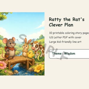 Puede incluir: Una ilustración digital de una rata, un conejo, un pollito, una vaca y una serpiente en un puente de madera sobre un arroyo. Texto: Ratty the Rat's Clever Plan, 10 printable coloring story pages, US Letter PDF with cover, Theme: Wisdom.