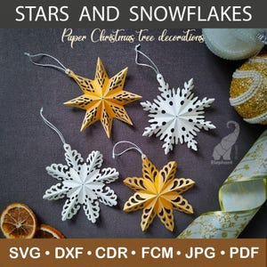 Peut inclure: Décorations de Noël en papier avec des motifs d'étoiles et de flocons de neige blancs et dorés. L'image comprend le texte "STARS AND SNOWFLAKES" et "Paper Christmas tree decorations". Les décorations sont présentées sur une surface gris foncé.
