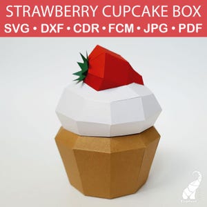 Mall för 3D-papperspyssel med jordgubbs-muffinsask, mall för presentask med låg poly-muffins, 3D-pappers-muffins-svg, 3D-papperspyssel med jordgubbs-muffins