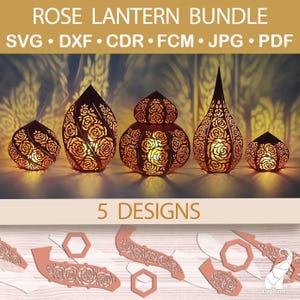 Rozenlantaarnbundel, papieren lantaarns svg-bestanden voor de Cricut, papiersnijbestanden voor Silhouette en ScanNCut, 3D-karton lamp svg-sjabloon