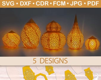 Mandala lantern bundle, Moroccan paper lantern set svg files for Cricut, paper cut files for Silhouette, 3D paper lamp svg digital template