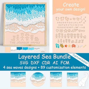 May include: A framed layered sea art piece with a wooden frame. The artwork depicts a beach scene with blue waves, tan sand, and a family silhouette. The text "THE JOHNSON FAMILY" is below the family figures. The image also includes a "Layered Sea Bundle" graphic.