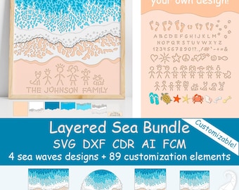 Customizable layered sea bundle - 4 designs, footprints in the sand svg, shadow box sea waves svg, paper layered beach svg, seaside
