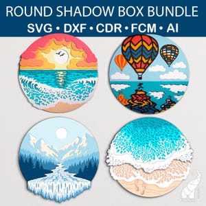 May include: Four round shadow box designs featuring different scenes: a sunset over the ocean, a hot air balloon over the ocean, a mountain range with a river, and a beach with waves and footprints.