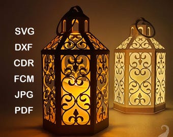 May include: A paper lantern template with intricate cut-out designs. The template is available in SVG, DXF, CDR, FCM, JPG, and PDF formats. The lantern is lit with a warm glow.