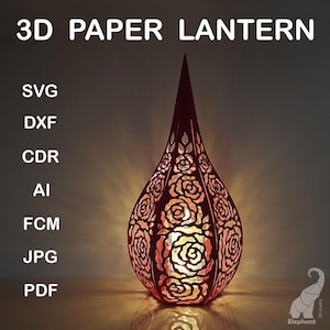 3D Papierlaterne mit Blumenmuster für Cricut, ungewöhnliche Karton Laterne SVG Vorlage, Papierlampe mit Rosen SVG Design, Koryphäe dxf