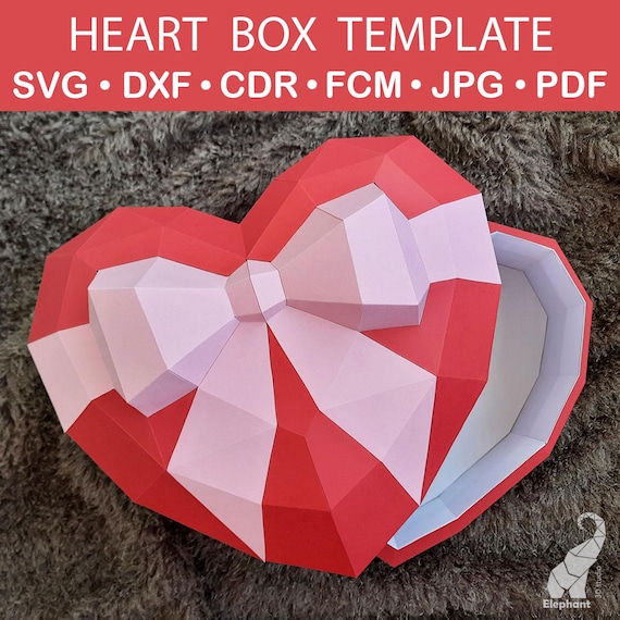 3d paper heart shaped box template, 3D low poly heart gift box pdf file printable, 3D paper craft big heart box, 3d papercraft heart box dxf