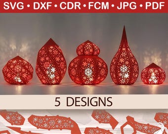 Christmas Lantern Bundle, Snowflake lantern set svg files for Cricut, Christmas paper lamp cut files for Silhouette, 3D Christmas papercraft