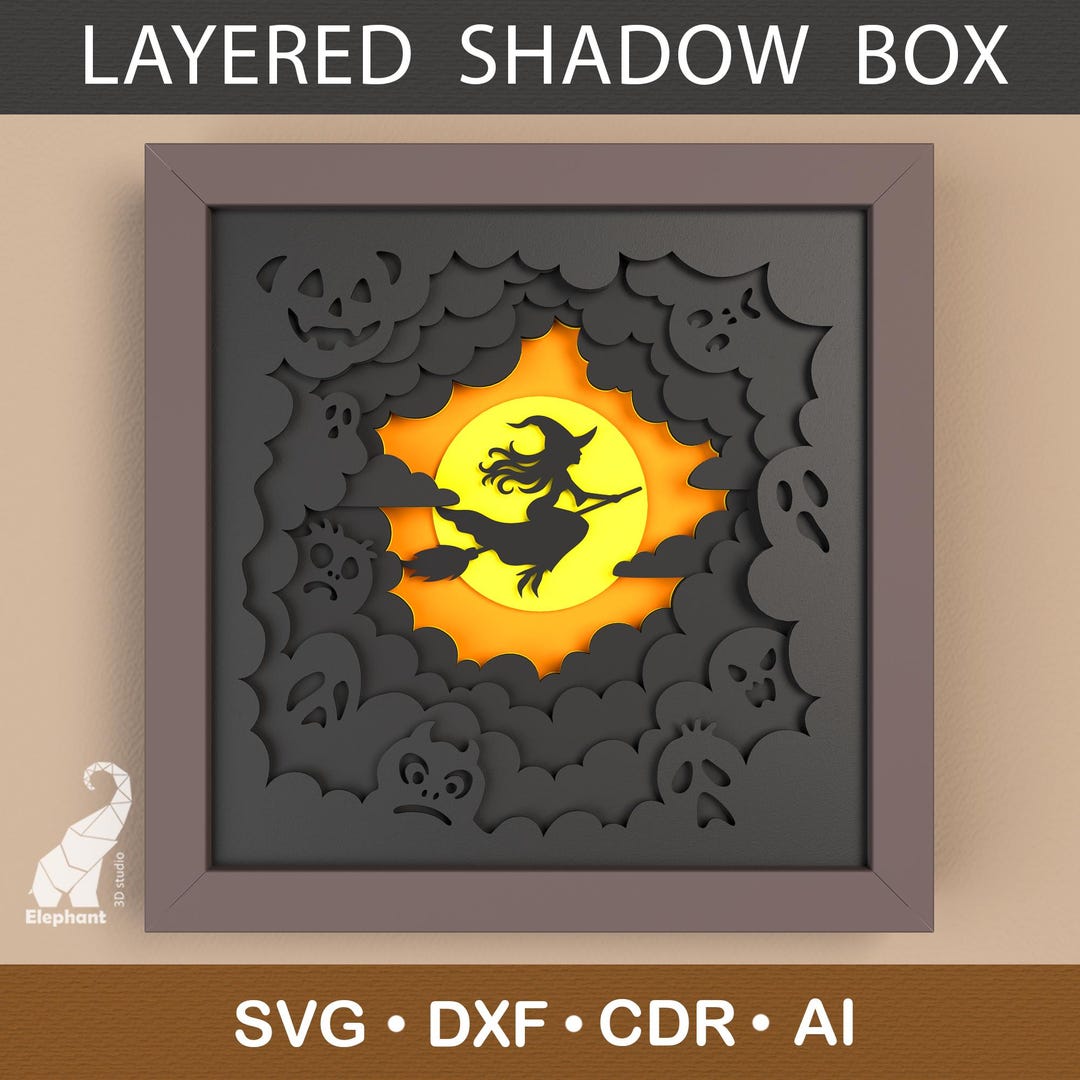 Witch Flying Over Moon Layered Shadow Box SVG | Halloween 3D Paper ...