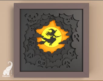 Strega che vola sopra la luna con ombra a strati SVG / Modello di scatola luminosa in carta 3D di Halloween per Cricut e Silhouette / Strega su una scopa 3D svg