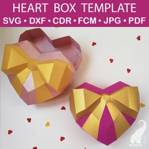 Modelo de caixa de presente de coração de papel 3D, caixa em forma de coração de baixo polígono svg para cricut, arquivo de corte de caixa de coração poligonal svg, caixa de coração de papel 3D
