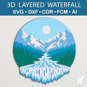 3D layered waterfall svg cut file, layered mountain river svg, 3d multilayered paper svg, round shadow box svg, 3D paper forest svg template