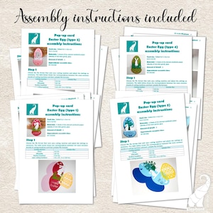 May include: Instructions for assembling four different pop-up Easter egg cards. Each card features a different design with a bunny, flowers, and eggs. The instructions include a table with cutting machine settings and an estimated assembly time.