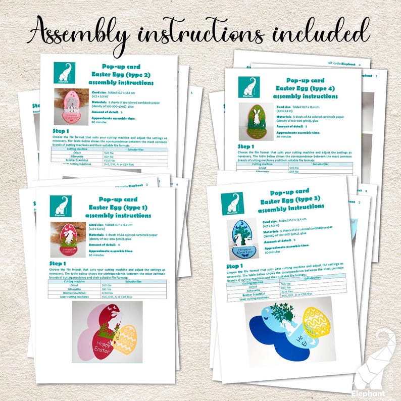 May include: Instructions for assembling four different pop-up Easter egg cards. Each card features a different design with a bunny, flowers, and eggs. The instructions include a table with cutting machine settings and an estimated assembly time.