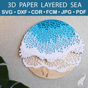 Arquivo de corte svg de mar em camadas, svg de mar em camadas de papel 3D, pegadas na areia svg, caixa de sombra redonda svg, ondas do mar em camadas 3D svg para Cricut