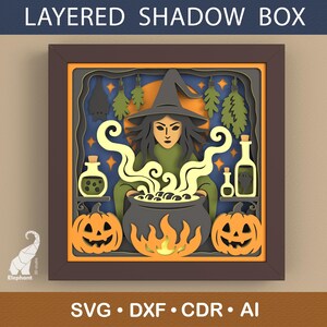 May include: A layered shadow box featuring a witch stirring a cauldron, flanked by pumpkins. The artwork includes a witch in a hat, bottles, and foliage, with the text "LAYERED SHADOW BOX" and "SVG • DXF • CDR • AI". The color palette includes orange, green, and brown.