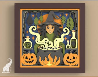 Witch shadow box SVG, 3D spooky Halloween layered paper cut template for Cricut, Silhouette, Glowforge laser cutting