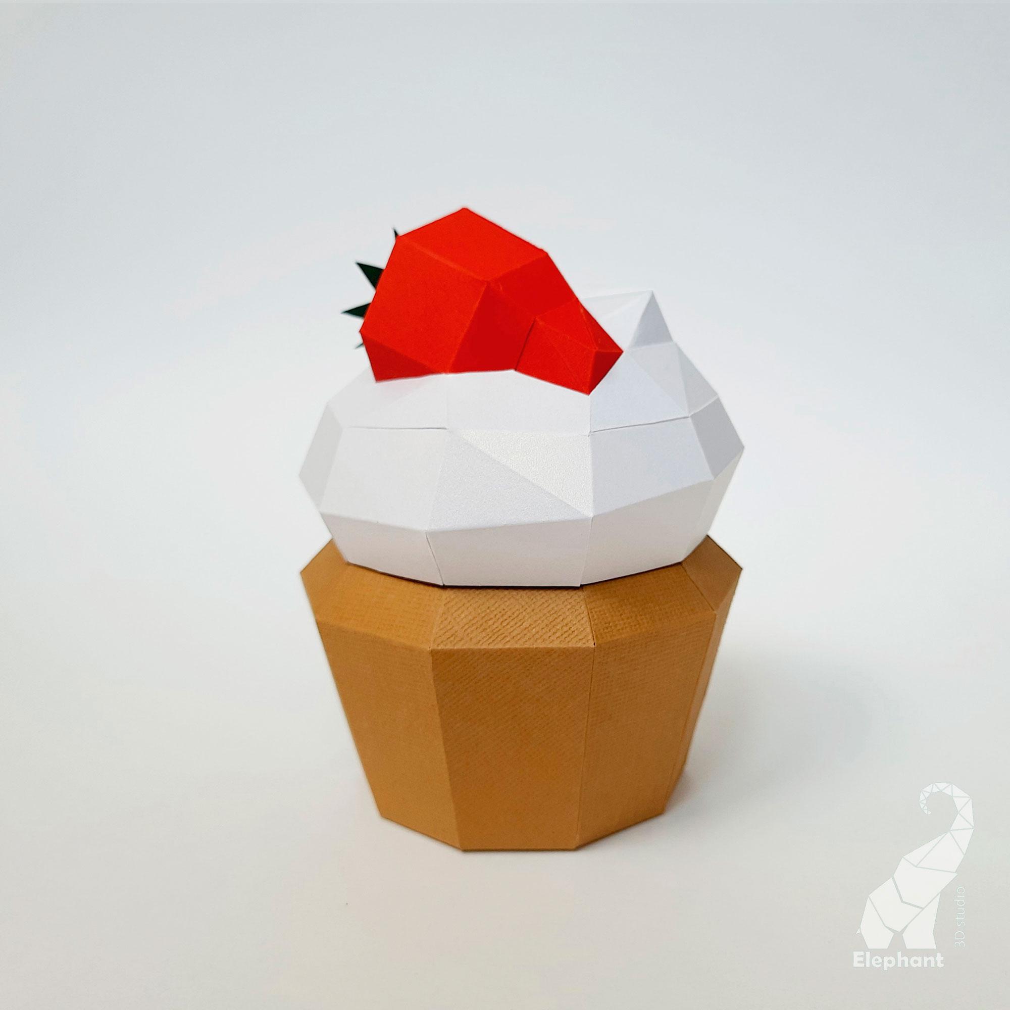 3D Papercraft Strawberry Cupcake Box Template, Low Poly Cupcake Gift ...