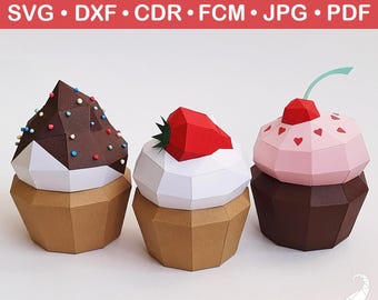 3D papercraft cupcake box bundle, low poly paper cupcake gift box template, 3d paper Birthday cake paper craft, 3D paper muffin svg template