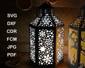 3D Christmas Paper Lantern SVG template, Snowflake Candle Holder Cut Files for LED Light