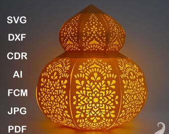 3D paper lantern cut files, svg for Cricut, dxf for Silhouette, fcm for Brother ScanNCut, cardstock lantern with mandala pattern svg files