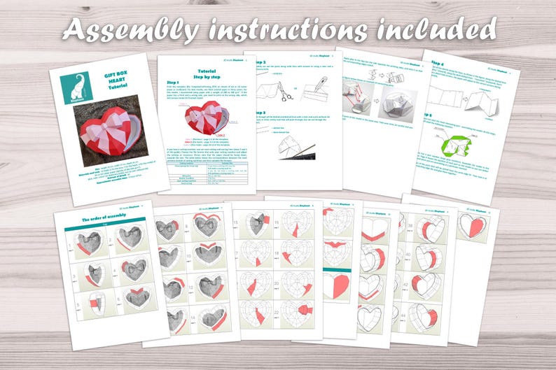 May include: A printable PDF tutorial for making a heart-shaped gift box. The tutorial includes step-by-step instructions and diagrams for assembling the box. The box is made of paper and is decorated with a pink ribbon.