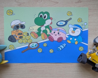 Fan art di un gioco carino / Illustrazione di Yoshi Kirby Piplup Wall-E Tennis / Stampa artistica kawaii o cartolina / Regalo di cancelleria carino e geek