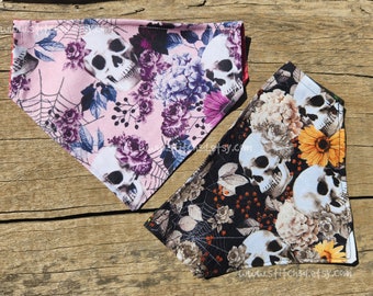 Goth Skulls floral reversible over the collar Dog Bandana halloween skeletons orange daisies skull peony