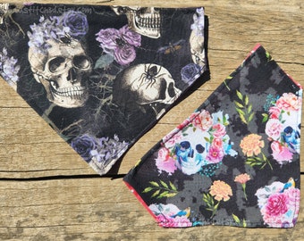 Goth Skulls floral reversible over the collar Dog Bandana halloween skeletons Dia de los Muertos calaveras