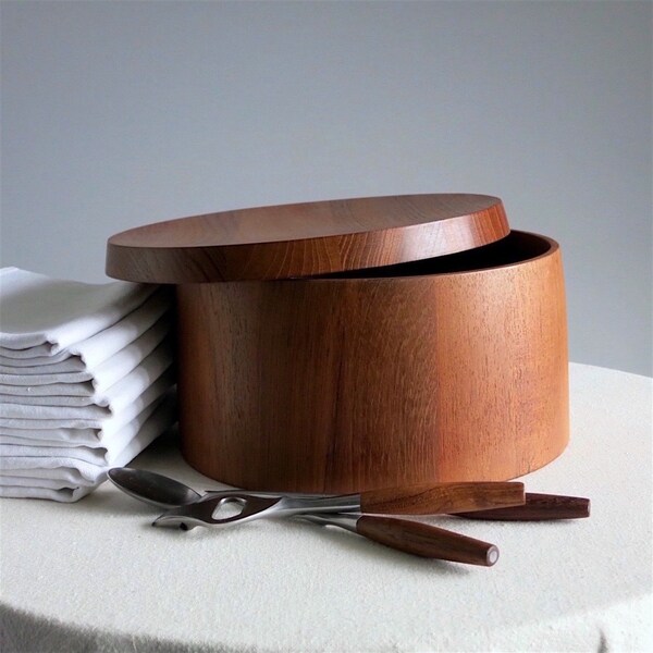 Vintage Dansk Ice Bucket by Jens Quistgaard - Staved Teak IHQ 1960s Flat Lid Wood Box - Mid Century Modern Barware