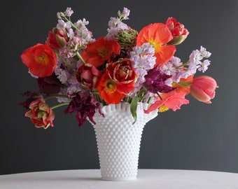 Large Hobnail Milk Glass Vase by Fenton - 8 Inch Large Bouquet Broad Mouth - White Glass Vase Wedding Decor