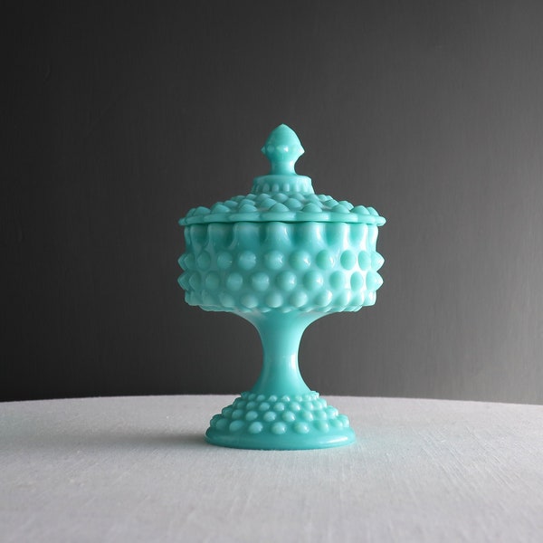 Turquoise Blue Hobnail Milk Glass Candy Dish by Fenton, 1950s Pastel Covered Box