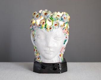 Vintage Pottery Fairy Head Lamp - Mid Century Modern Floral Crown Ceramic Table Lamp - American Craft Nymph Woodland Elf