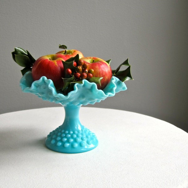 Vintage Turquoise Blue Milk Glass Footed Compote by Fenton, 1950s Hobnail Footed Bowl  Aqua Fruit Bowl Centerpiece