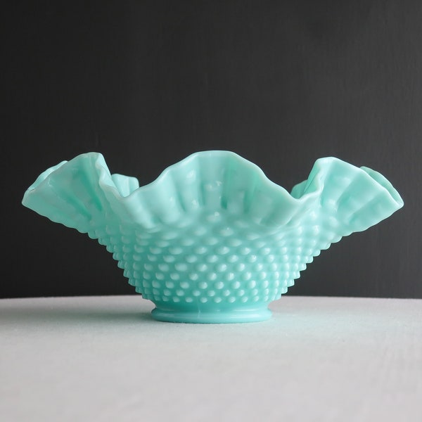 Vintage Turquoise Blue Milk Glass Bowl by Fenton with Hobnail Pattern, 1950s Pastel Aqua Ruffled Bowl