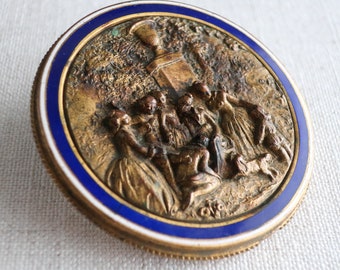 Antique Gilt Bronze and Enameled Pocket Mirror - Relief of Family Father Son in Garden
