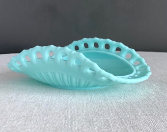 Fostoria Blue Milk Glass Bowl -  Randolph Pattern Turquoise Aqua Open Rim Folded Sides Dish 1950s