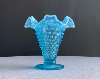 Fenton Blue Opalescent Hobnail Glass Trumpet Vase -- Medium Ruffled Rim Flower Turquoise Milk to Clear Glass 1950s - Wedding Decor