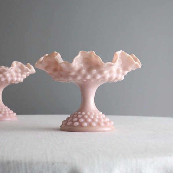 Vintage Pink Hobnail Milk Glass Footed Compote by Fenton, 1950s Rose Pastel Pedestal Bowl