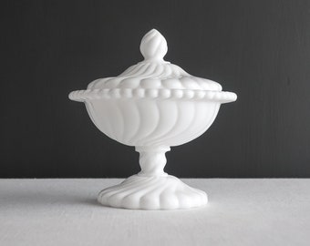 Milk Glass Covered Candy Dish by Fostoria - Colony Pattern with Swirl Design - Footed Lidded Jar
