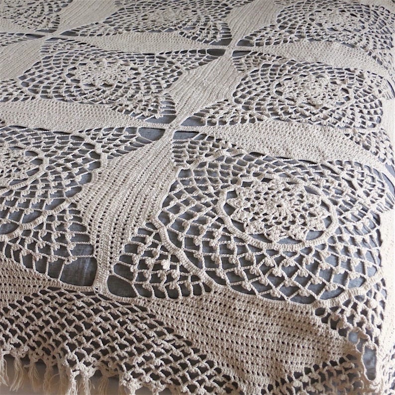 Vintage Crocheted Bedspread Ecru Off White Cotton Bedding Etsy