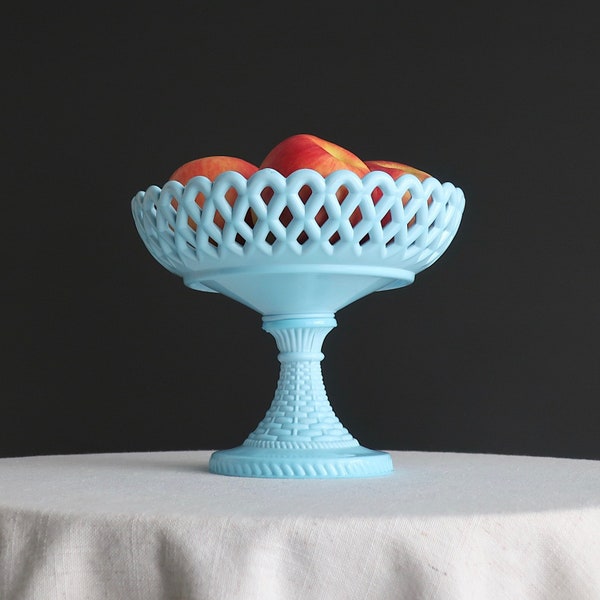 Blue Milk Glass Footed Bowl - Pedestal Fruit Bowl Basketweave Pattern