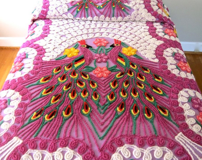 Vintage Peacock Chenille Bedspread Purple Double Peacock Etsy