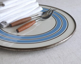 Antique Villeroy and Boch Dresden Ceramic Trivet - Blue Stripe Nickel Plated Metal circa 1900 - Country Primitive Kitchen Decor Small Tray