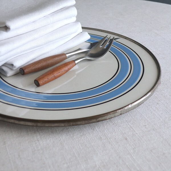 Antique Villeroy and Boch Dresden Ceramic Trivet - Blue Stripe Nickel Plated Metal circa 1900 - Country Primitive Kitchen Decor Small Tray